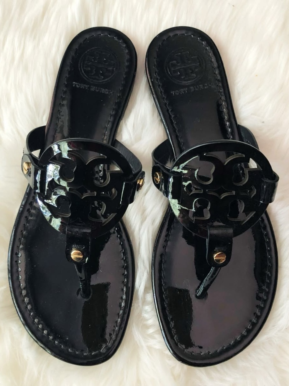 Tory Burch Black Patent Logo Thong Sandals